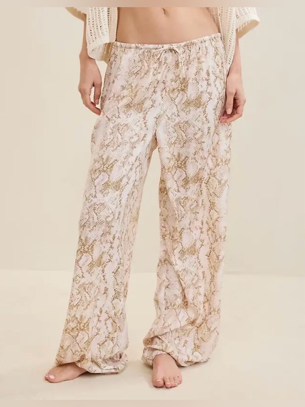 NWT Aerie Satin Wide Leg Pajama Pants Toasted Almond Snakeskin XS